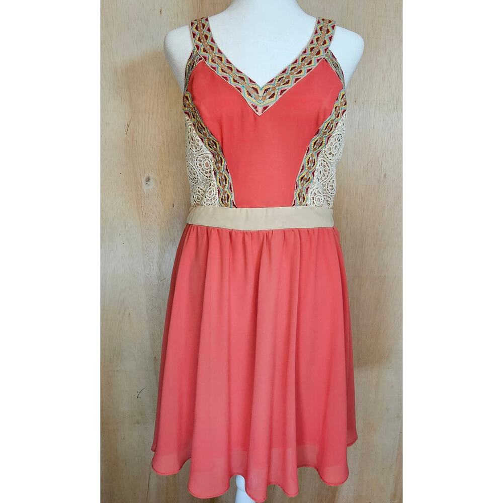 Chord Women's Juniors BOHO V-Neck Pink  A-Line‎ Dress With Crochet Detail Size 9